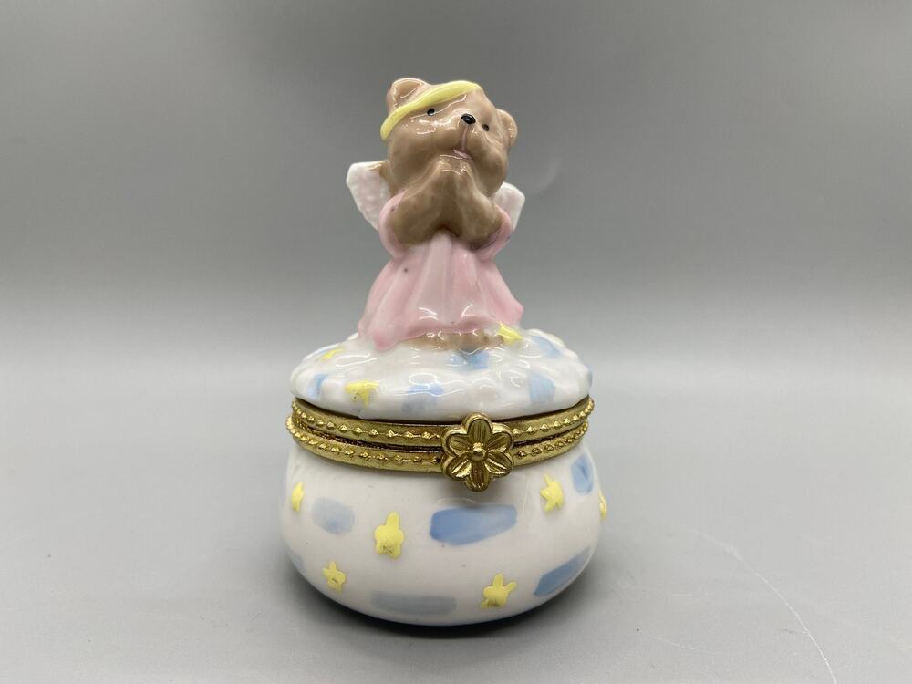 Porcelain Heavenly Teddy Bear Angel on a Cloud Trinket Box